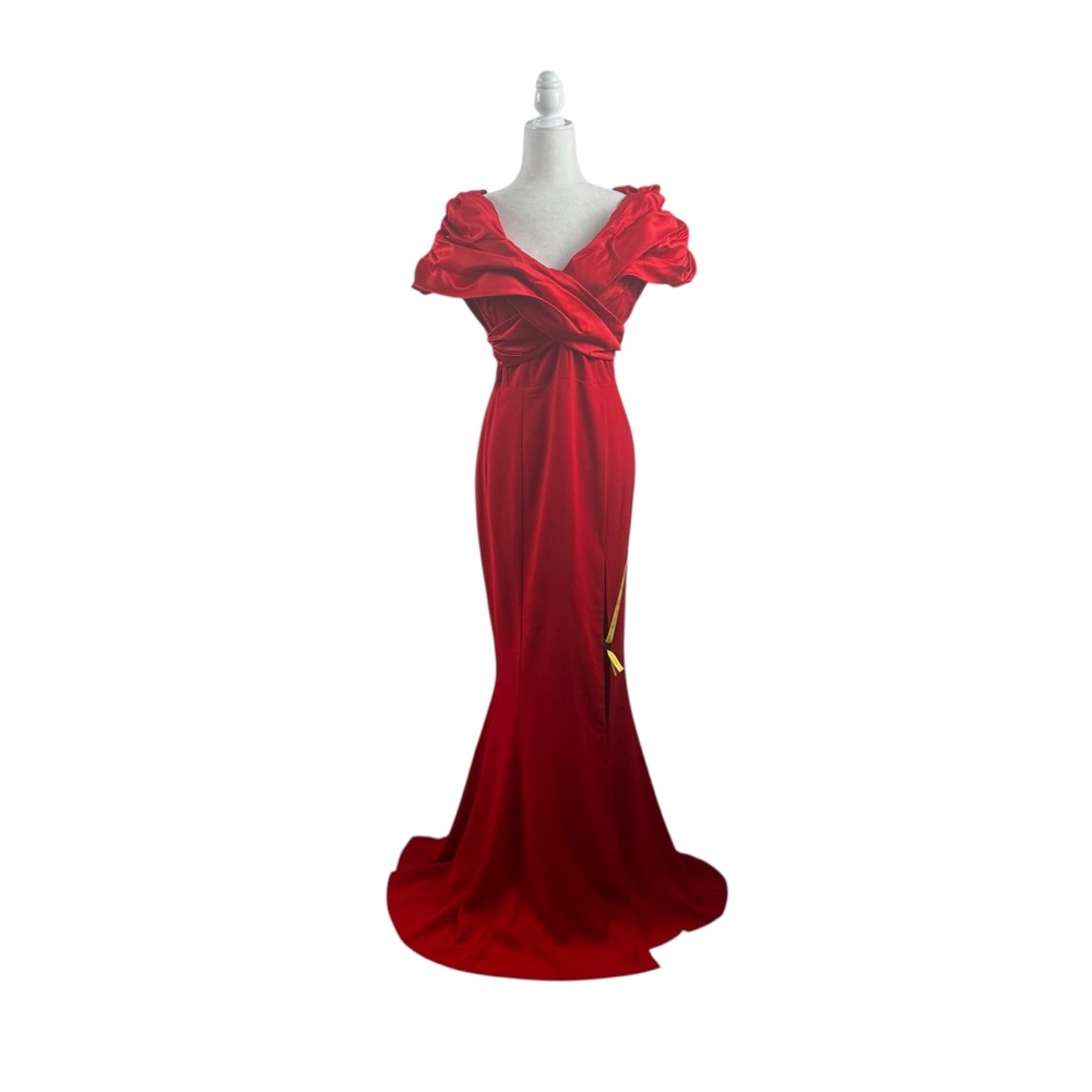 NWT Alieva Presley Crepe Ruffle Shoulder Gown Dress in Red Sz. L - Picture 10 of 15